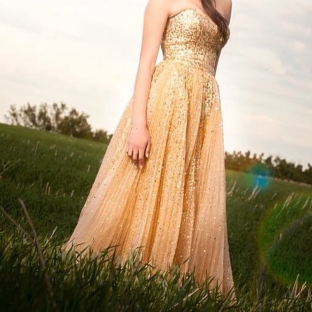 Sherri Hill Gold Sparkly Graduation or Prom Dress